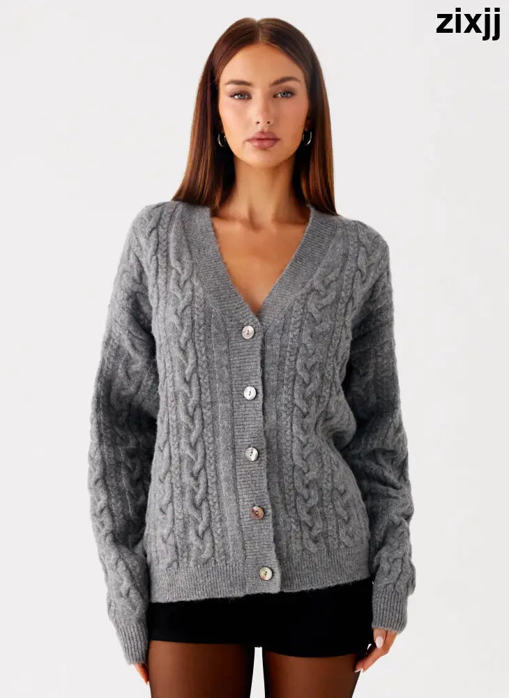 Frawley Cable Knit Cardigan - Grey - Cardigans