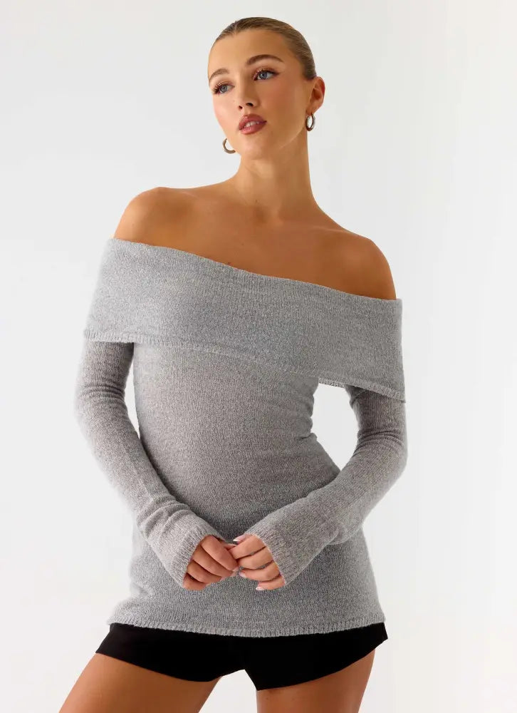 Romeo Bardot Knit Top - Grey - Tops