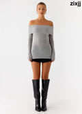 Romeo Bardot Knit Top - Grey - Tops