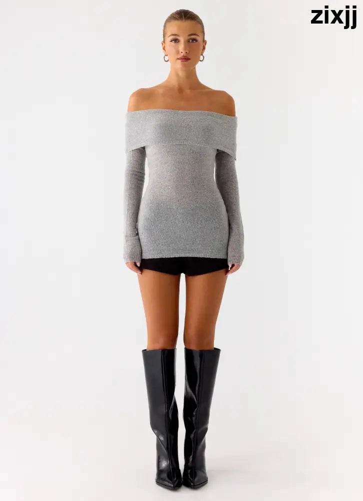 Romeo Bardot Knit Top - Grey - Tops