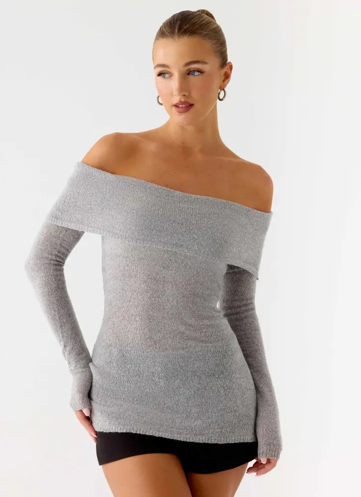 Romeo Bardot Knit Top - Grey - Tops