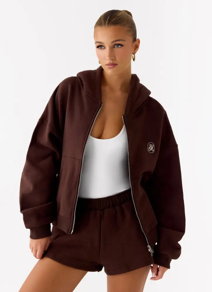 Signature Double Zip Up Hoodie - Chocolate - Jackets + Coats