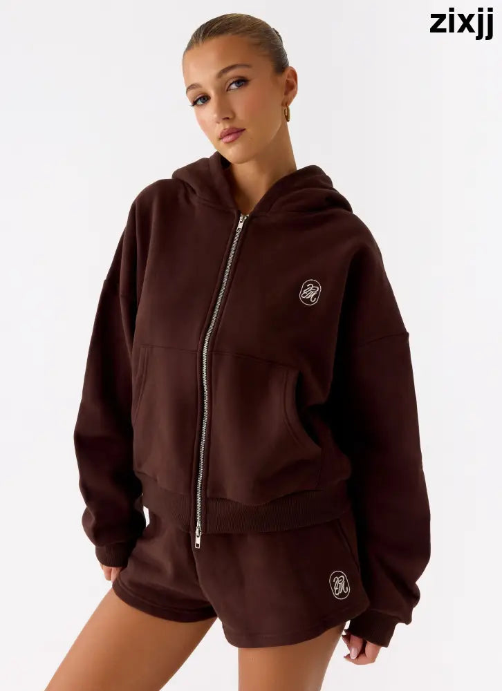 Signature Double Zip Up Hoodie - Chocolate - Jackets + Coats