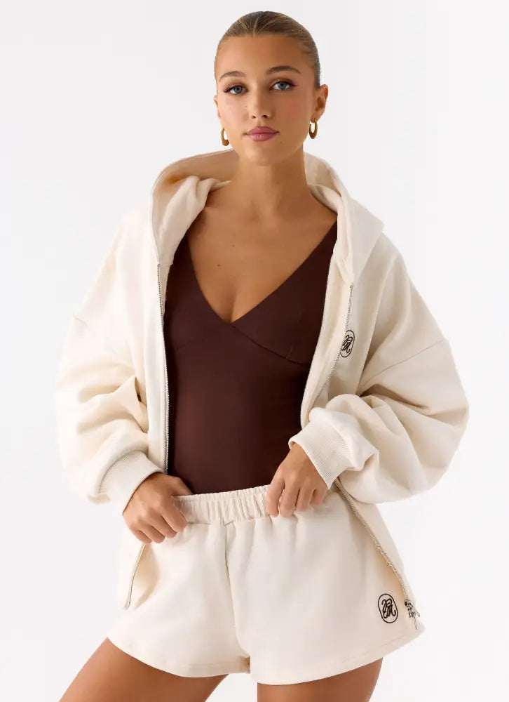Signature Double Zip Up Hoodie - Cream - Jackets + Coats