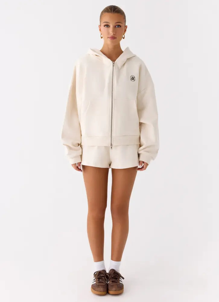 Signature Double Zip Up Hoodie - Cream - Jackets + Coats