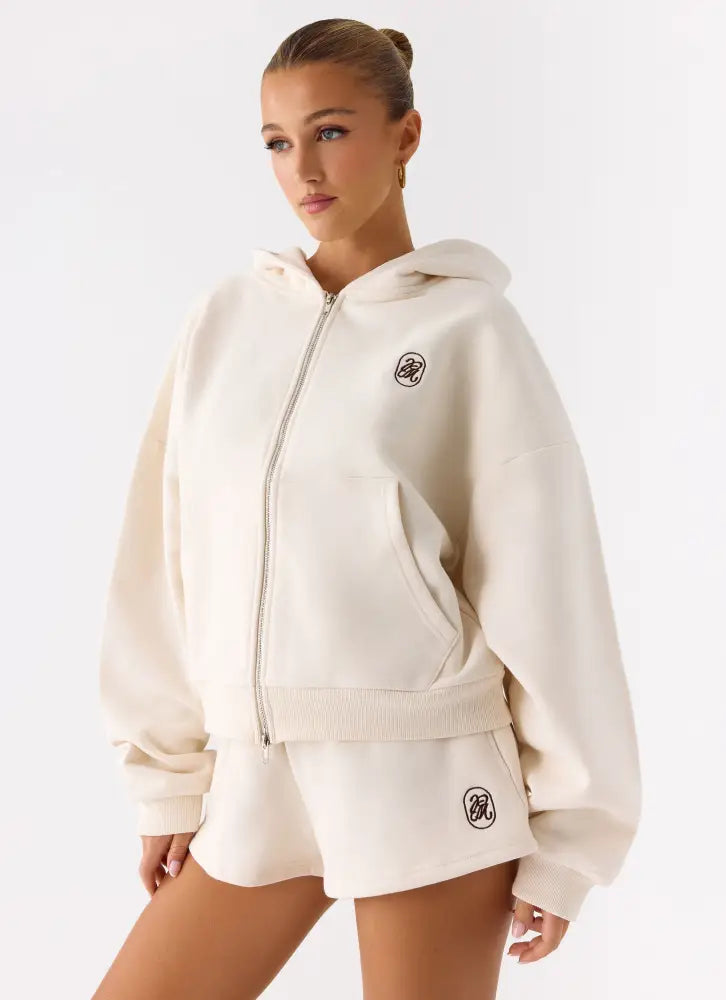 Signature Double Zip Up Hoodie - Cream - Jackets + Coats