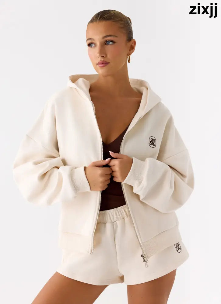 Signature Double Zip Up Hoodie - Cream - Jackets + Coats